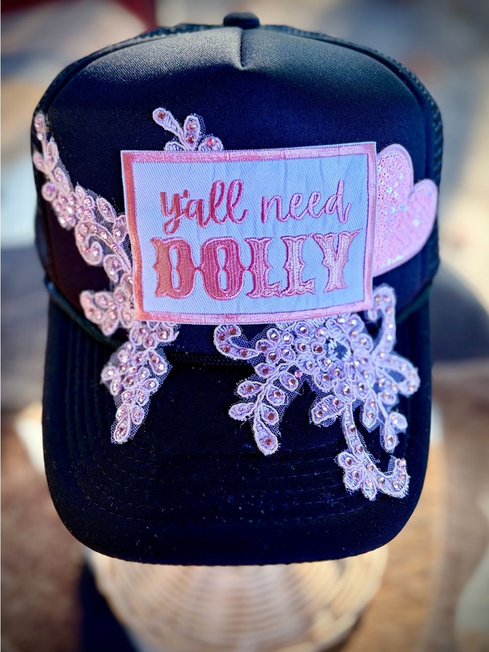 Black and Pink Embroidered 'Y'all Need Dolly' Embellished Cap